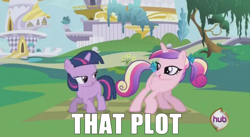Size: 844x464 | Tagged: safe, edit, edited screencap, screencap, character:princess cadance, character:twilight sparkle, character:twilight sparkle (unicorn), species:alicorn, species:pony, species:unicorn, bedroom eyes, bow, butt shake, dat butt, duo, duo female, female, filly, filly twilight sparkle, hair bow, image macro, implied lesbian, implied shipping, implied twidance, looking at each other, looking back, mare, meme, plot, raised tail, sunshine sunshine, tail, tail aside, tail bow, teen princess cadance, the ass was fat, younger