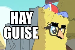 Size: 600x399 | Tagged: safe, edit, edited screencap, screencap, character:pinkie pie, episode:party of one, g4, my little pony: friendship is magic, caption, disguise, glasses, groucho mask, hay, hay bale, hay guise, image macro, mask, pun