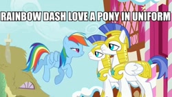 Size: 640x360 | Tagged: safe, edit, edited screencap, screencap, character:rainbow dash, episode:a bird in the hoof, g4, my little pony: friendship is magic, armor, guard, image macro, royal guard