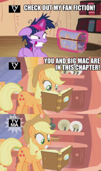 Size: 1280x2160 | Tagged: safe, edit, edited screencap, screencap, character:applejack, character:big mcintosh, character:twilight sparkle, ship:applemac, book, caption, comic, fanfic, female, golden oaks library, hub logo, implied, implied incest, incest, male, screencap comic, shipper on deck, shipping, straight, text, tv rating, tv-ma, tv-y