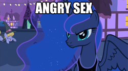 Size: 624x347 | Tagged: safe, edit, edited screencap, screencap, character:princess luna, episode:luna eclipsed, g4, my little pony: friendship is magic, clothing, hat, image macro, scowl, solo focus, witch costume, witch hat