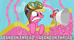 Size: 1150x625 | Tagged: safe, edit, edited screencap, screencap, character:cherry berry, episode:the mysterious mare do well, g4, my little pony: friendship is magic, abandon thread, aviator hat, balloon, caption, clothing, goggles, hat, hot air balloon, image macro, megaphone, reaction image, solo, twinkling balloon