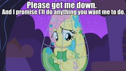 Size: 600x338 | Tagged: safe, edit, edited screencap, screencap, character:fluttershy, episode:the best night ever, g4, my little pony: friendship is magic, bondage, clothing, dress, female, gala dress, image macro, net, scratches, solo