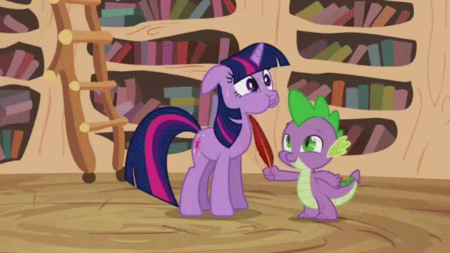 Size: 640x360 | Tagged: safe, edit, edited screencap, screencap, character:spike, character:twilight sparkle, episode:it's about time, g4, my little pony: friendship is magic, animated, duo, floppy ears, golden oaks library, loop, puffy cheeks, quill, reversed, sweat, tickle torture, tickling
