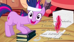 Size: 1280x720 | Tagged: safe, edit, edited screencap, screencap, character:twilight sparkle, character:twilight sparkle (unicorn), species:pony, species:unicorn, episode:it's about time, g4, my little pony: friendship is magic, bandage, book, faec, female, headband, i found pills, i found pills and ate them, letter, looking at you, magic, mare, messy mane, open mouth, pills, quill, solo, telekinesis