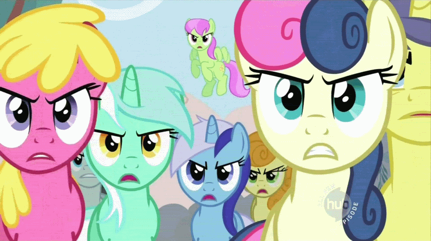 Size: 840x470 | Tagged: safe, edit, edited screencap, screencap, character:bon bon, character:carrot top, character:cherry berry, character:comet tail, character:golden harvest, character:lucky clover, character:lyra heartstrings, character:merry may, character:minuette, character:neon lights, character:rising star, character:sweetie drops, episode:the super speedy cider squeezy 6000, g4, my little pony: friendship is magic, animated, hub logo, image macro, no