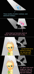 Size: 640x1403 | Tagged: safe, edit, edited screencap, screencap, character:applejack, character:pinkie pie, character:rainbow dash, episode:winter wrap up, g4, my little pony: friendship is magic, comic, screencap comic, spotlight, standing, standing on one leg, winter wrap up vest