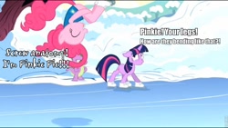 Size: 960x543 | Tagged: safe, edit, edited screencap, screencap, character:pinkie pie, character:spike, character:twilight sparkle, species:dragon, species:earth pony, species:pony, species:unicorn, episode:winter wrap up, g4, my little pony: friendship is magic, caption, female, ice skates, ice skating, male, mare, screw anatomy, snow, winter wrap up vest