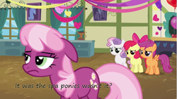 Size: 1401x788 | Tagged: safe, edit, edited screencap, screencap, character:apple bloom, character:cheerilee, character:scootaloo, character:sweetie belle, species:pegasus, species:pony, episode:hearts and hooves day, g4, my little pony: friendship is magic, cutie mark crusaders, floppy ears, frown, insane pony thread, ponyville schoolhouse