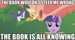 Size: 637x343 | Tagged: safe, edit, edited screencap, screencap, character:applejack, character:rarity, character:twilight sparkle, episode:look before you sleep, g4, my little pony: friendship is magic, caption, hatless, image macro, missing accessory