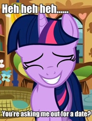Size: 522x682 | Tagged: safe, edit, edited screencap, screencap, character:twilight sparkle, episode:a bird in the hoof, g4, my little pony: friendship is magic, adorkable, awkward, awkward smile, bronybait, caption, cropped, cute, date, dork, eyes closed, female, grin, image macro, meme, smiling, solo