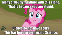 Size: 640x360 | Tagged: safe, edit, edited screencap, screencap, character:pinkie pie, species:earth pony, species:pony, episode:too many pinkie pies, g4, my little pony: friendship is magic, clone, crying, female, mare, meta, on back, op is a duck, pinkie clone, pinkie clone debate, pinkie tyrone, solo, soulless, tears of joy