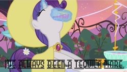 Size: 800x450 | Tagged: safe, edit, edited screencap, screencap, character:rarity, episode:sweet and elite, g4, my little pony: friendship is magic, clothing, dinking, dress, drink, female, hat, magic, punch, quote, solo, streets of fire, text, text edit