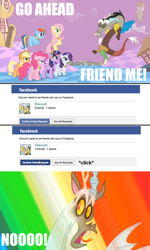Size: 500x833 | Tagged: safe, edit, edited screencap, screencap, character:applejack, character:discord, character:fluttershy, character:pinkie pie, character:rainbow dash, character:rarity, character:twilight sparkle, episode:the return of harmony, g4, my little pony: friendship is magic, chaos, discorded landscape, facebook, mane six, pun