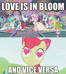 Size: 500x560 | Tagged: safe, edit, edited screencap, screencap, character:apple bloom, character:applejack, character:bruce mane, character:caesar, character:fine line, character:fluttershy, character:lyrica lilac, character:princess cadance, character:rainbow dash, character:rarity, character:royal ribbon, character:shining armor, character:star gazer, character:twinkleshine, episode:a canterlot wedding, episode:lesson zero, g4, my little pony: friendship is magic, balloon, bloom is in love, bridesmaid dress, clothing, confetti, crossover, dress, grin, heart eyes, hub logo, hubble, love is in bloom, pun, season 2, smiling, streamers, the hub, wedding dress, wingding eyes