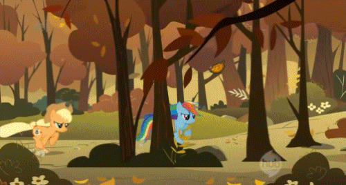 Size: 500x268 | Tagged: safe, edit, edited screencap, screencap, character:applejack, character:rainbow dash, episode:fall weather friends, g4, my little pony: friendship is magic, animated, crossover, leaves, mario, nintendo, power-up, raccoon mario, racing, running, super leaf, super mario bros., super mario bros. 3