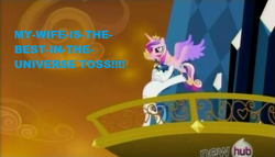 Size: 703x401 | Tagged: safe, edit, edited screencap, screencap, character:princess cadance, character:shining armor, all new, epic wife tossing, fastball special, hub logo, image macro, tengen toppa gurren lagann, text
