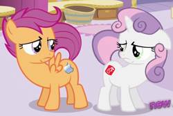 Size: 1026x686 | Tagged: safe, edit, edited screencap, screencap, character:scootaloo, character:sweetie belle, species:pegasus, species:pony, episode:ponyville confidential, g4, my little pony: friendship is magic, alternate cutie mark, apple (company), chick-fil-a, cropped, cutie mark, logo