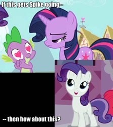 Size: 728x815 | Tagged: safe, edit, edited screencap, screencap, character:rarity, character:spike, character:sweetie belle, character:twilight sparkle, ship:sparity, ship:spikebelle, ship:twispike, episode:magic duel, episode:the cutie pox, g4, my little pony: friendship is magic, alternate hairstyle, female, heart eyes, male, mane swap, meta, rarity hair, screenshots, shipping, straight, wingding eyes