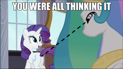 Size: 1280x718 | Tagged: safe, edit, edited screencap, screencap, character:princess celestia, character:rarity, species:alicorn, species:pony, species:unicorn, princess molestia, episode:sweet and elite, g4, my little pony: friendship is magic, butt, caption, eyes on the prize, female, implied, mare, plot