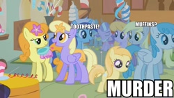 Size: 960x540 | Tagged: safe, edit, edited screencap, screencap, character:carrot top, character:cloud kicker, character:derpy hooves, character:diamond tiara, character:drizzle, character:golden harvest, character:minuette, character:noi, character:orange blossom, character:prim posy, character:silver spoon, character:white lightning, species:earth pony, species:pegasus, species:pony, episode:call of the cutie, g4, my little pony: friendship is magic, background pony, caption, cuteceañera, female, filly, foal, mare, murder