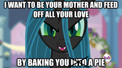 Size: 625x351 | Tagged: safe, edit, edited screencap, screencap, character:queen chrysalis, episode:a canterlot wedding, g4, my little pony: friendship is magic, female, hub logo, image macro, looking at you, love, solo, teen titans