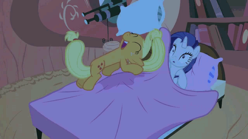 Size: 800x450 | Tagged: safe, edit, edited screencap, screencap, character:applejack, character:rarity, episode:look before you sleep, g4, my little pony: friendship is magic, animated, bed, bouncing, duo