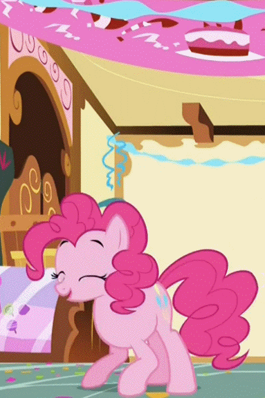Size: 383x576 | Tagged: safe, edit, screencap, character:pinkie pie, episode:griffon the brush-off, g4, my little pony: friendship is magic, animated, cute, dawwww, diapinkes, eyebrows, female, happy, hnnng, hoofy-kicks, horses doing horse things, pronking, smiling, solo, sugarcube corner