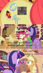 Size: 640x1080 | Tagged: safe, edit, edited screencap, screencap, character:apple bloom, character:applejack, character:spike, character:twilight sparkle, episode:the cutie pox, g4, my little pony: friendship is magic, comic, cutie pox, dancing, fake cutie mark, fancy, golden oaks library, idiot flesh, loop-de-hoop, multiple cutie marks, plate spinning, screencap comic, twitch