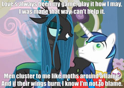 Size: 1084x768 | Tagged: safe, edit, edited screencap, screencap, character:queen chrysalis, character:shining armor, episode:a canterlot wedding, g4, my little pony: friendship is magic, cropped, duo, hub logo, love's always been my game, marlene dietrich, mind control, song reference