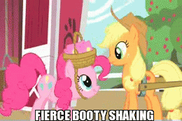 Size: 260x173 | Tagged: safe, edit, edited screencap, screencap, character:applejack, character:pinkie pie, episode:party of one, g4, my little pony: friendship is magic, animated, basket hat, butt shake, caption, clothing, hat, out of context, plot, twerking