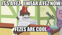 Size: 1277x719 | Tagged: safe, edit, edited screencap, screencap, character:truffle shuffle, species:earth pony, species:pony, episode:ponyville confidential, g4, my little pony: friendship is magic, background pony, clothing, colt, fez, hat, image macro, male, newspaper, solo focus