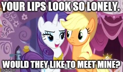 Size: 480x283 | Tagged: safe, edit, edited screencap, screencap, character:applejack, character:rarity, species:earth pony, species:pony, species:unicorn, ship:rarijack, episode:magical mystery cure, g4, my little pony: friendship is magic, caption, female, hub logo, image macro, imgflip, implied kissing, lesbian, mare, meme, rarity's bad pickup lines, shipping