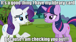 Size: 956x532 | Tagged: safe, edit, edited screencap, screencap, character:rarity, character:twilight sparkle, species:pony, species:unicorn, ship:rarilight, episode:keep calm and flutter on, g4, my little pony: friendship is magic, caption, female, image macro, lesbian, mare, meme, rarity's bad pickup lines, shipping