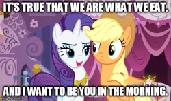 Size: 480x283 | Tagged: safe, edit, edited screencap, screencap, character:applejack, character:rarity, species:pony, species:unicorn, ship:rarijack, episode:magical mystery cure, g4, my little pony: friendship is magic, caption, female, hub logo, image macro, imgflip, implied cunnilingus, implied oral, implied sex, innuendo, lesbian, mare, meme, rarity's bad pickup lines, shipping