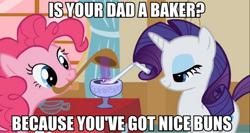 Size: 700x371 | Tagged: safe, edit, edited screencap, screencap, character:pinkie pie, character:rarity, species:earth pony, species:pony, species:unicorn, episode:party of one, g4, my little pony: friendship is magic, caption, drink, female, image macro, innuendo, lesbian, mare, meme, rarity's bad pickup lines, spoon, straw