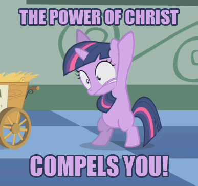 Size: 387x362 | Tagged: safe, edit, edited screencap, screencap, character:twilight sparkle, episode:the cutie mark chronicles, g4, my little pony: friendship is magic, animated, bipedal, blank flank, cropped, exorcism, exorcist, female, filly, filly twilight sparkle, foal, image macro, purple text, solo, the exorcist, younger