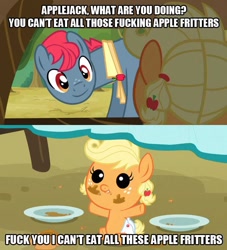 Size: 696x768 | Tagged: safe, edit, edited screencap, screencap, character:apple split, character:applejack, .mov, episode:apple family reunion, g4, my little pony: friendship is magic, apple family member, apple fritter (food), apple.mov, babyjack, fuck you i can eat all these apples, pony.mov, vulgar