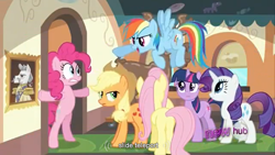 Size: 1366x768 | Tagged: safe, edit, edited screencap, screencap, character:applejack, character:fluttershy, character:pinkie pie, character:rainbow dash, character:rarity, character:twilight sparkle, species:earth pony, species:pegasus, species:pony, species:unicorn, episode:mmmystery on the friendship express, g4, my little pony: friendship is magic, butt, caption, female, flutterbutt, hub logo, mane six, mare, plot, wide eyes, youtube caption, youtube link