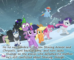Size: 800x645 | Tagged: safe, edit, edited screencap, screencap, character:applejack, character:fluttershy, character:king sombra, character:pinkie pie, character:queen chrysalis, character:rainbow dash, character:rarity, character:shining armor, character:spike, character:twilight sparkle, species:dragon, species:pony, species:umbrum, episode:the crystal empire, g4, my little pony: friendship is magic, crystal empire, dragons riding ponies, insane pony thread, mane seven, mane six, riding, running, time travel, tumblr