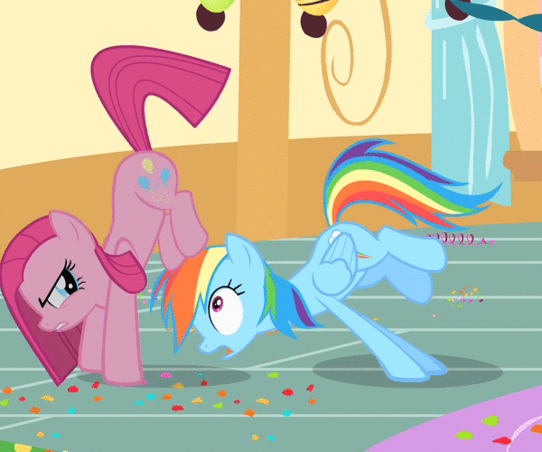 Size: 600x500 | Tagged: safe, edit, edited screencap, screencap, character:pinkamena diane pie, character:pinkie pie, character:rainbow dash, episode:party of one, g4, my little pony: friendship is magic, animated, extreme speed animation, facesitting, sitting, smashing