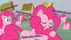 Size: 1280x720 | Tagged: safe, edit, edited screencap, screencap, character:pinkie pie, species:earth pony, species:pony, episode:too many pinkie pies, g4, my little pony: friendship is magic, clone, female, image macro, marathon, mare, multeity, pinkie clone, simulacrum, too much pink energy is dangerous