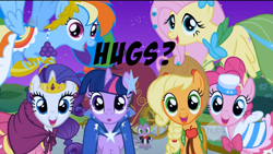 Size: 1439x813 | Tagged: safe, edit, edited screencap, screencap, character:applejack, character:fluttershy, character:pinkie pie, character:rainbow dash, character:rarity, character:spike, character:twilight sparkle, species:dragon, species:earth pony, species:pegasus, species:pony, species:unicorn, episode:the best night ever, g4, my little pony: friendship is magic, bronybait, caption, carriage, clothing, dress, female, gala dress, hug, hug request, looking at you, male, mane seven, mane six, mare