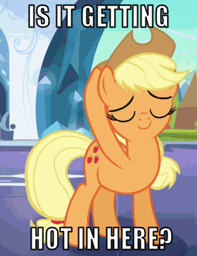 Size: 287x373 | Tagged: safe, edit, edited screencap, screencap, character:applejack, episode:the crystal empire, g4, my little pony: friendship is magic, animated, clothing, cowboy hat, cropped, crystal empire, fanning, female, hat, image macro, reaction image, solo, stetson