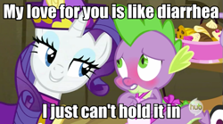 Size: 631x351 | Tagged: safe, edit, edited screencap, screencap, character:rarity, character:spike, species:dragon, species:pony, species:unicorn, ship:sparity, episode:dragon quest, g4, my little pony: friendship is magic, apron, blushing, caption, clothing, female, hub logo, image macro, implied diarrhea, male, mare, meme, naked apron, rarity's bad pickup lines, shipping, squick, straight, weird al yankovic