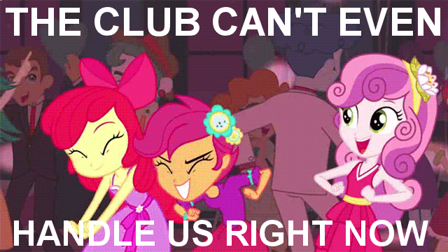 Size: 640x360 | Tagged: safe, edit, edited screencap, screencap, character:apple bloom, character:curly winds, character:mystery mint, character:scootaloo, character:scott green, character:sweetie belle, species:pegasus, species:pony, equestria girls:equestria girls, g4, my little pony: equestria girls, my little pony:equestria girls, animated, background human, chicken dance, clothing, curly winds, cutie mark crusaders, dress, fall formal, fall formal outfits, funky chicken, scott green, some blue guy, suit, sweet leaf, teddy t. touchdown, text, tuxedo