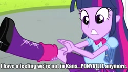 Size: 960x540 | Tagged: safe, edit, edited screencap, screencap, character:twilight sparkle, equestria girls:equestria girls, g4, my little pony: equestria girls, my little pony:equestria girls, boots, cropped, female, hand, image macro, solo, the wizard of oz, trailer