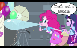 Size: 1280x800 | Tagged: safe, edit, edited screencap, screencap, character:pinkie pie, character:twilight sparkle, equestria girls:equestria girls, g4, my little pony: equestria girls, my little pony:equestria girls, balloon, blowing up balloons, condom, dialogue, duo, speech bubble, trojan