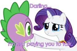 Size: 900x604 | Tagged: safe, edit, edited screencap, screencap, character:rarity, character:spike, species:dragon, species:pony, species:unicorn, ship:sparity, episode:secret of my excess, g4, my little pony: friendship is magic, boop, caption, crying, female, fire ruby, gigolo, implications, implied prostitution, male, mare, nose wrinkle, rarity's bad pickup lines, shipping, smiling, straight, wide eyes