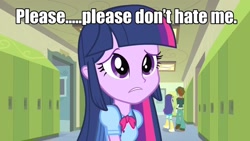 Size: 1280x720 | Tagged: safe, edit, edited screencap, screencap, character:twilight sparkle, equestria girls:equestria girls, g4, my little pony: equestria girls, my little pony:equestria girls, background human, bronybait, canterlot high, caption, image macro, puppy dog eyes, sad, solo focus, talking to viewer, woobie